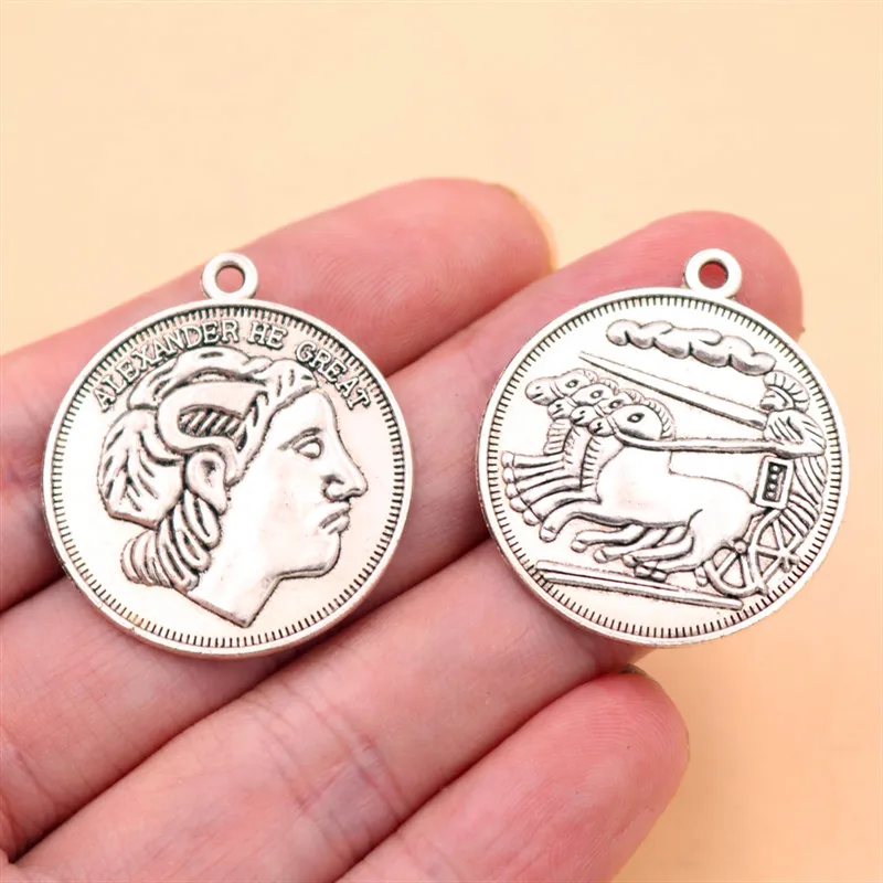 Alexander The Great Tags Metal Pendant - 33*29mm Retro Lucky Coins Charms, Ancient Greece Commemorative Coin Charms, A2002 6pcs