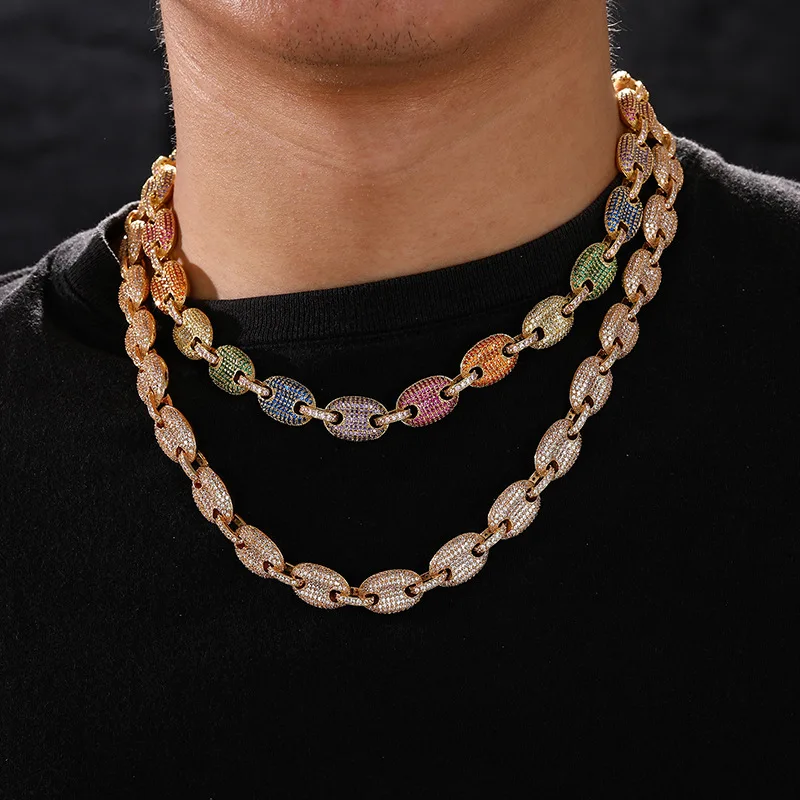 

Hip Hop Claw Set 5A+ CZ Stone Bling Iced Out Solid Coffee Beans Pig Nose Link Chain Necklace for Men Rapper Jewelry