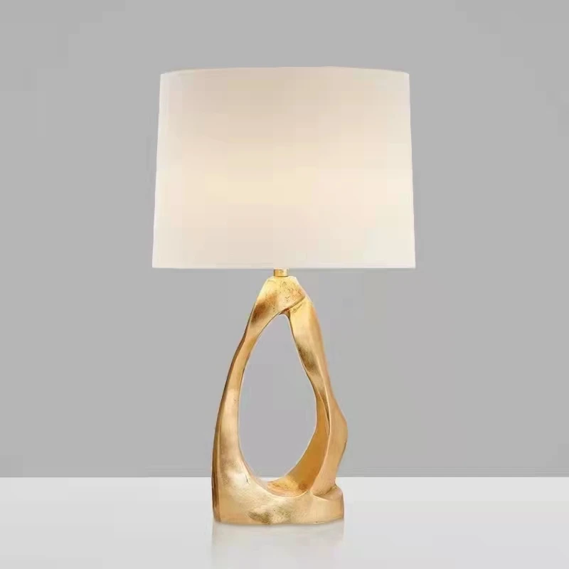 Art Simple Bedroom Golden Resin Hollow Table Lamp LED Living Room Study Decoration White Cloth Lampshade Desk Lamp