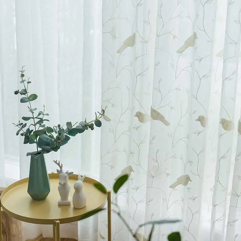 Pastoral White Sheer Voile Curtains For Living room Bird Embroidered Curtains Window For Bedroom Tulle For Kitchen Drapes Blind