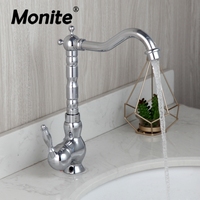 Monite Antique Brass Rotating Kitchen Faucet Deck Mounted Solid Brass Vessel Basin Sink Faucet Mixer Tap Retro Chrome Mixer Tap