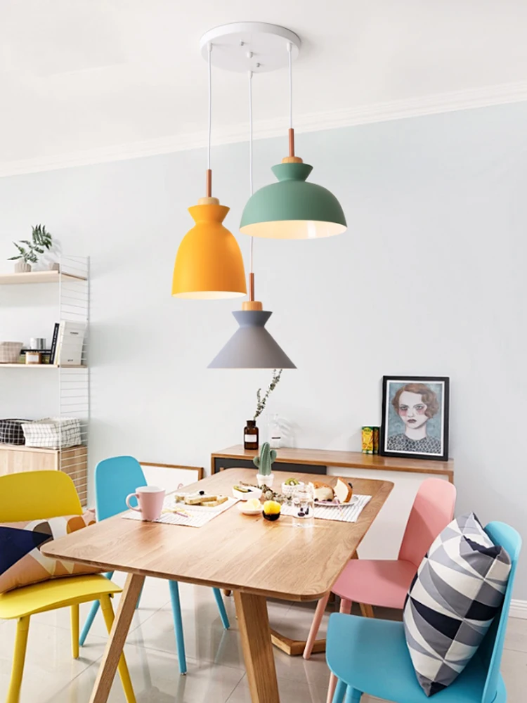 Modern Pendant 3 Heads Round Straight E27 Macaron Lampshade For Restaurant Coffee Shop Living Room Europe Cord Pendant Lights