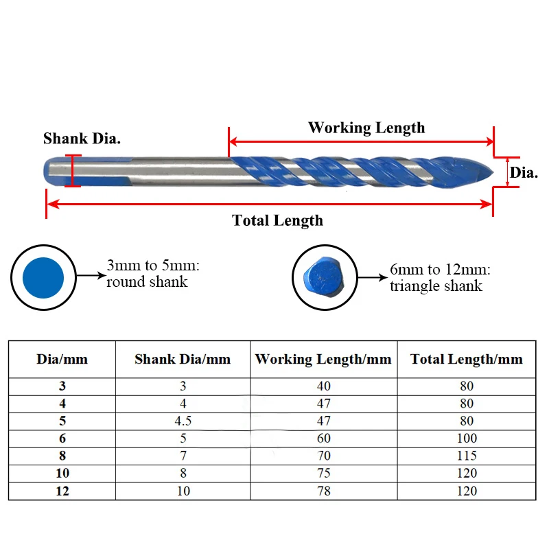 LAVIE 3mm to 12mm Multifunctional Glass Drill Bit Twist Spade Drill Triangle Bits For Ceramic Tile Concrete Glass Marble DB02055