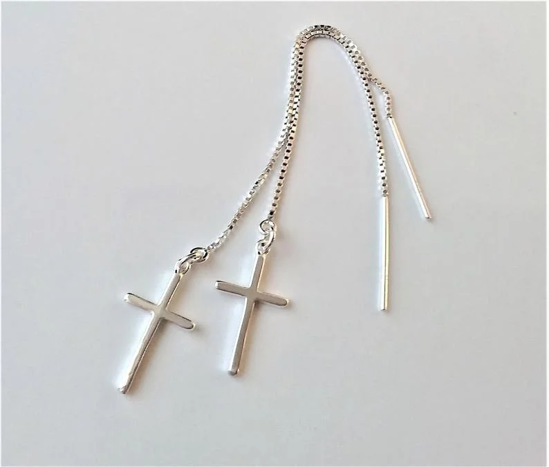 Sterling Silver Cross Threader Earrings, Silver Dangle Earrings, Cross Earrings