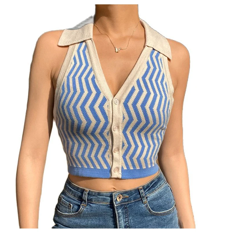 

Women Striped Crop Top Open Back Deep V-neck Knitted Vest Sexy Women's Breasted Slim Shirt Fashion Tanks Tops 2021 Summer New