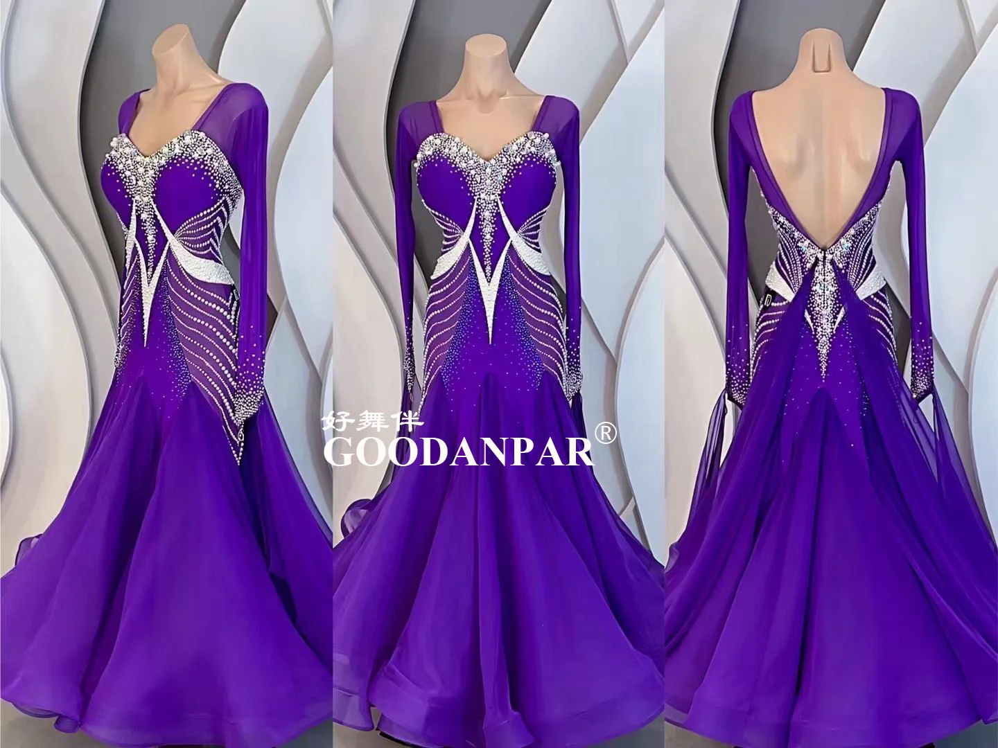 GOODANPAR New Standard Ballroom Dance Dress Women Girls Competition Costume  Lycra Waltz Stage long sleeve purple