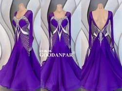 GOODANPAR New Standard Ballroom Dance Dress Women Girls Competition Costume  Lycra Waltz Stage long sleeve purple
