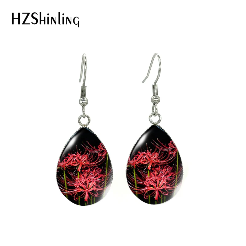 Lycoris radiata  (L’Her.) Herb Flower Pattern Tear Drop Dangle Earrings Glass Cabochon Handmade Craft Jewelry