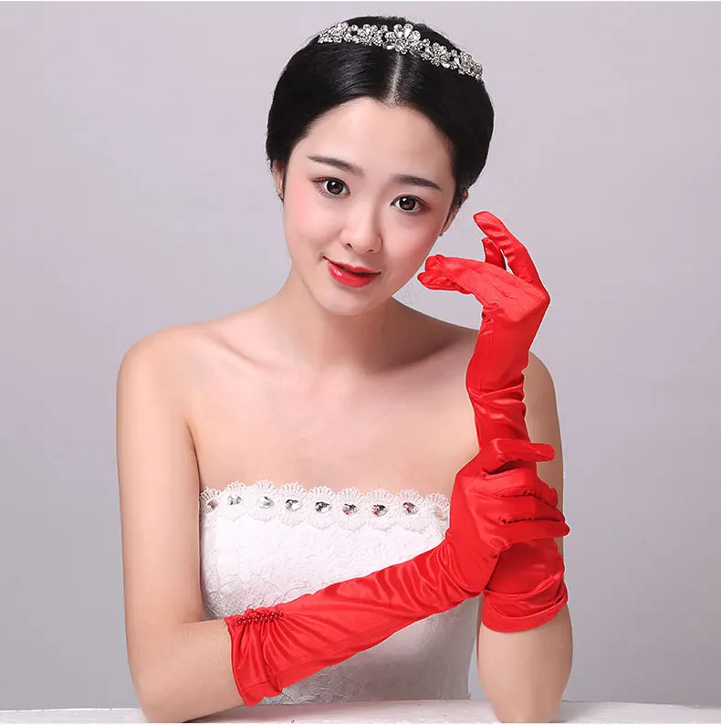 Women Full Fingers Wedding Prom Party Satin Gloves Elbow Length Gants Femme