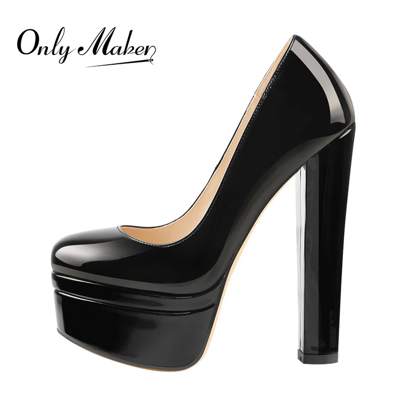 Onlymaker Women Platform Pumps  Round Toe Slip On Block Chunky Heels Party Patent Black Large Size Shoes