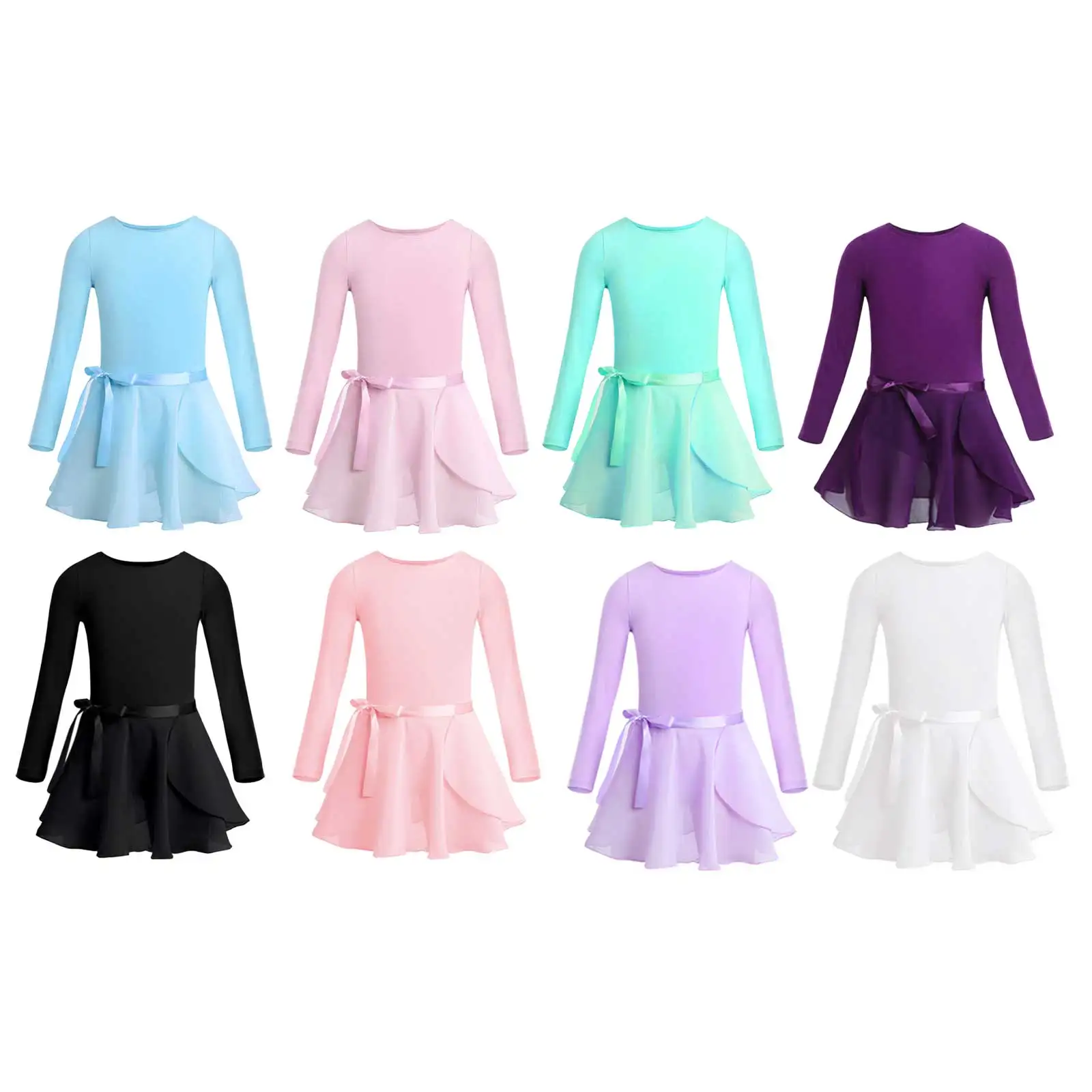 Kids Girls Ballet Dress Cotton Long Sleeves Gymnastics Workout Bodysuit Leotard with Chiffon Tied Tutu Skirt  for Performance