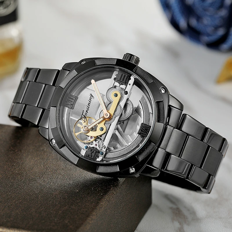 

Forsining Men'sTransparent Wirst Watch Automatic Mechanical Skeleton Watches Stainless Steel Strap Business Clock reloj hombre