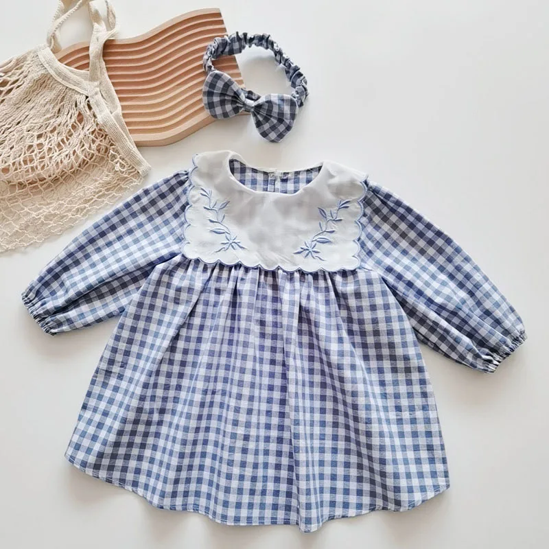 Spring Newborn Baby Girls Sister Embroidery Grid Dress Toddler Jumpsuit Baby Clothes Infant Girls Long Sleeve Children Dress