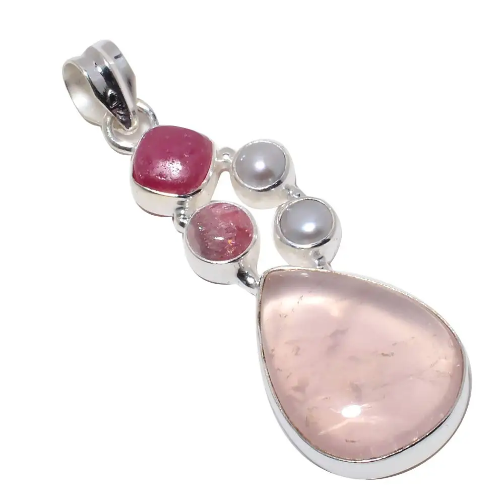 

Nature Rose Quartz + Pearl + Sun Stone Pendant 925 Sterling Silver, 54 mm, 2SP0181