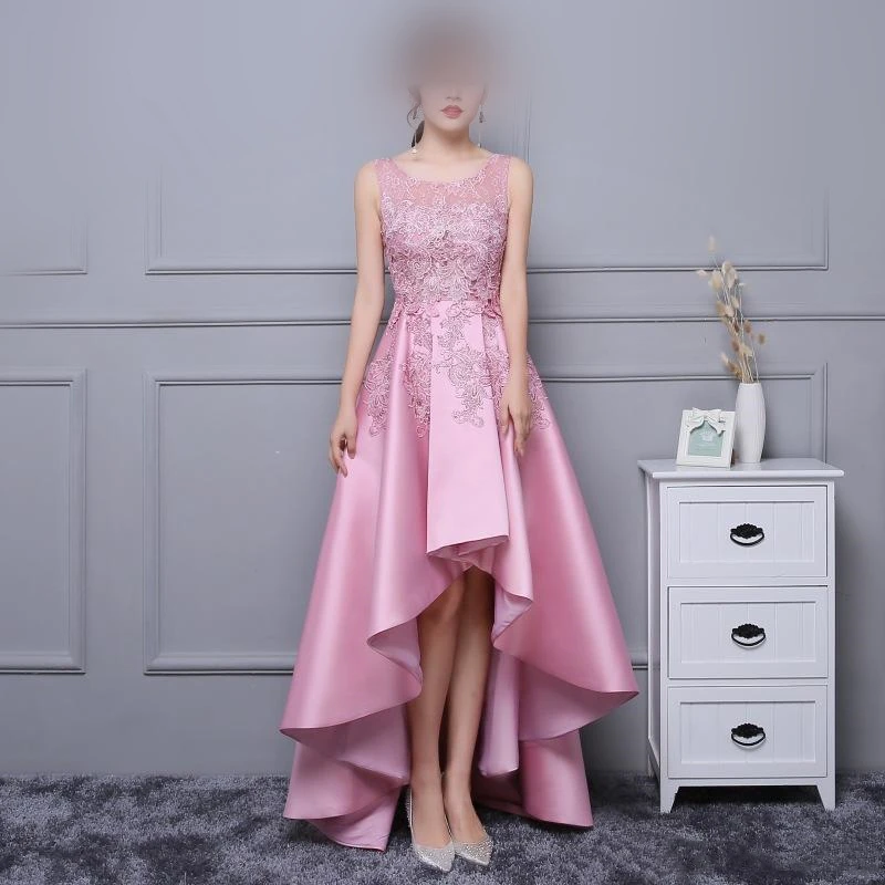 Elegante laço de cetim alta baixa vestidos de dama de honra com apliques curto frente longa volta vestido de festa robe de soirée femme 22