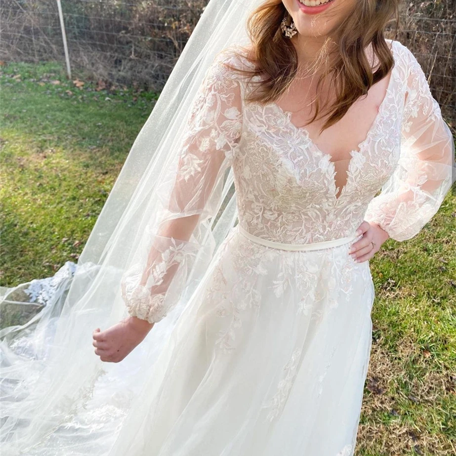 Robe de mariée ligne a, col en v, manches lanternes, avec des Appliques en dentelle, dos nu, en Tulle, longueur au sol, avec traîne, nouvelle collection