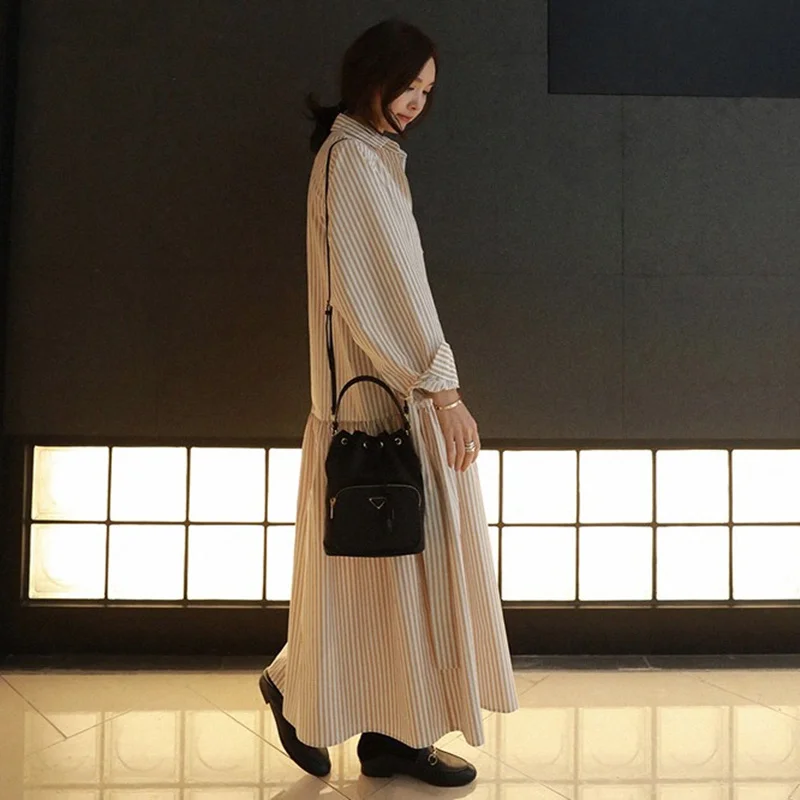 Women Striped Shirt Long Dress Slash Bow Up Korean Fashion Female Long Section Asymmetry Dress Autumn Spring