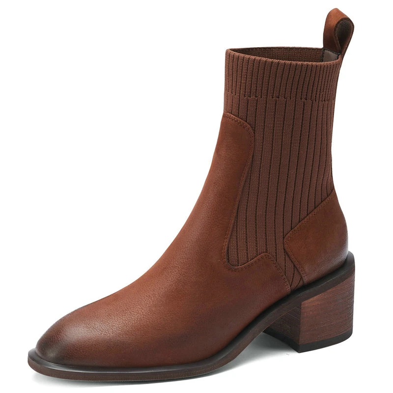 

Vintage Winter autumn Women Ankle Boots Genuine Leather knitting square Toe Shoes Woman Winter Thick Heels Working Women boots