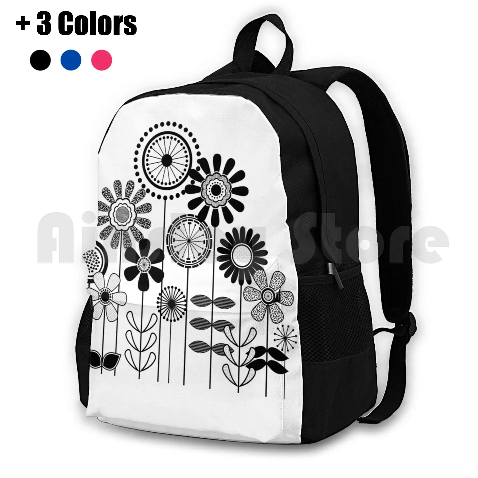 Cute Flower Mid Century Modern Print-Black And White Floral Print Outdoor Hiking Backpack Waterproof Camping Travel Black White