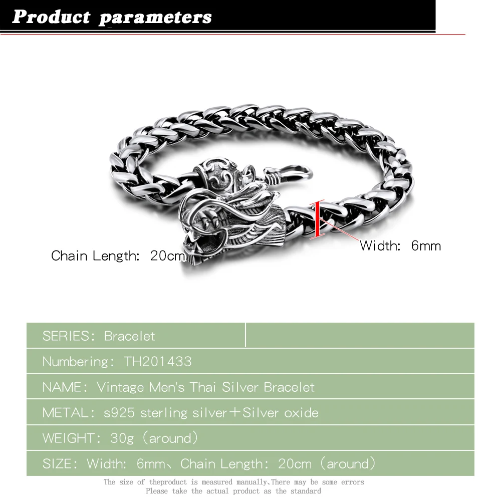 Fashion Mens 6mm Bracelet 925 Sterling Silver Bracelet Irregular Dragon Retro Fashion Male Thai Silver Jewelry Accessories