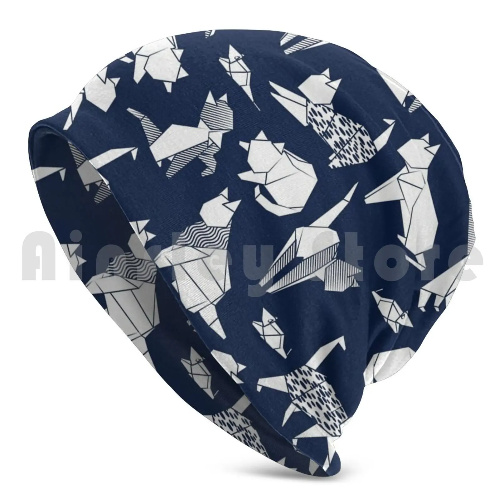 Origami Kitten Friends Blue Navy Background Paper Cats Beanies Pullover Cap Comfortable Cat Illustration Cats