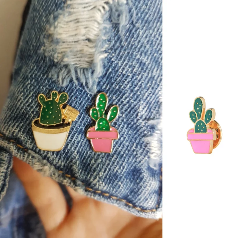Green Fresh Brooches Cactus Potted Pins Enamel Badge Plants Metal Pin For Female Friends Shirt Lapel Pin High quality Jewelry