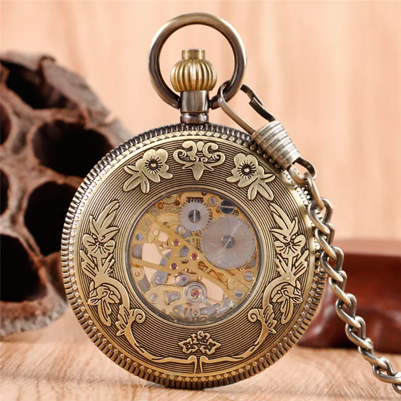 Bronze Men Women Handwinding Mechanical Pocket Watch Carving Roman Number Skeleton Pendant Chain Half Hunter Timepiece