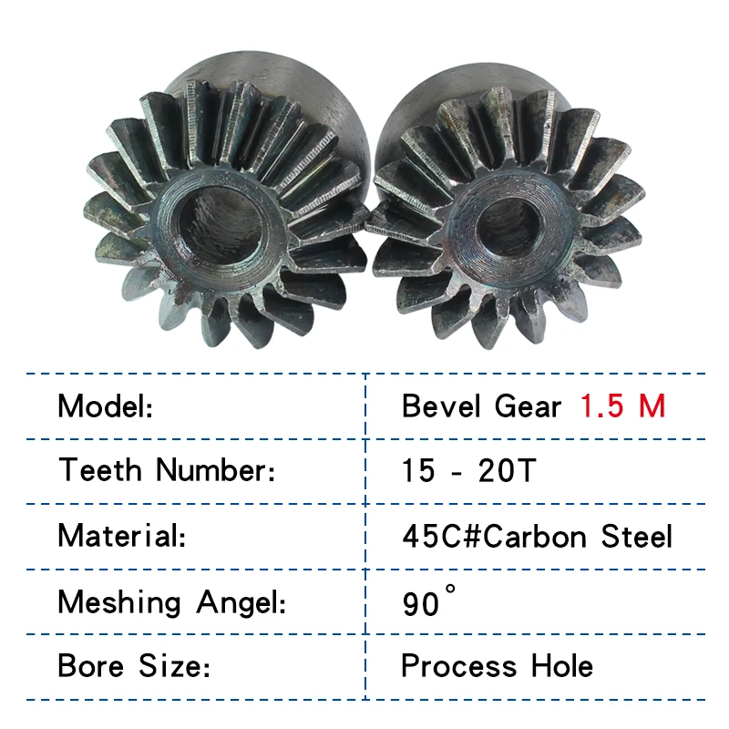 Bevel Gear 1.5M15T/16T/17T/18T/19T/20T Gear 90 Degrees Meshing Angle Carbon Steel Transmission Ratio 1:1 Transmission Parts