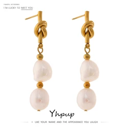 Yhpup Stainless Steel Natural Pearl Drop Earrings Charm Metal Gold Geometric 18 K Plated Jewelry Boucle D'Oreille Femme New