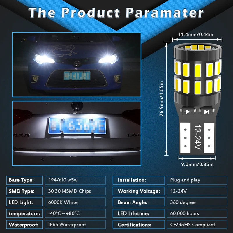 Katur 10Pcs T10 LED Canbus W5W LED Bulb Auto Lamp 3014 30SMD Car Interior Light 194 168 Light Bulb White Red Yellow No Error 12V