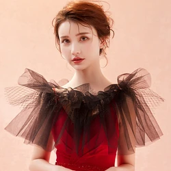 Women Black Formal Evening Wrap Tulle Ruffle Lolita Accessory Off Shoulder Gothic Stole Elegant Wedding Special Cosplay Shawl