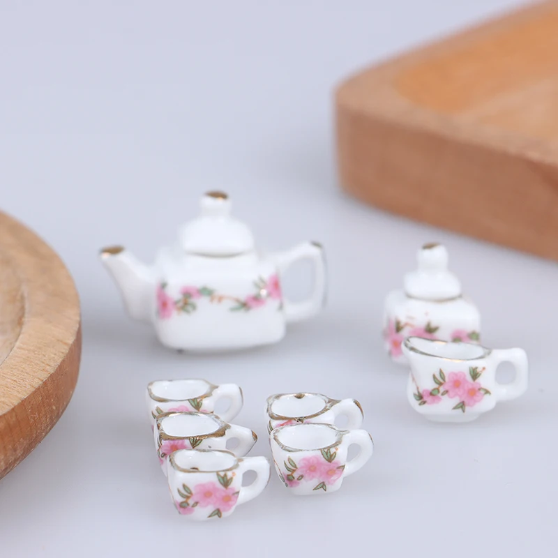 

5/8Pcs Dollhouse Miniature Dining Ware Porcelain Tea Set Dish Cup Plate - Pink Rose Flower Pattern