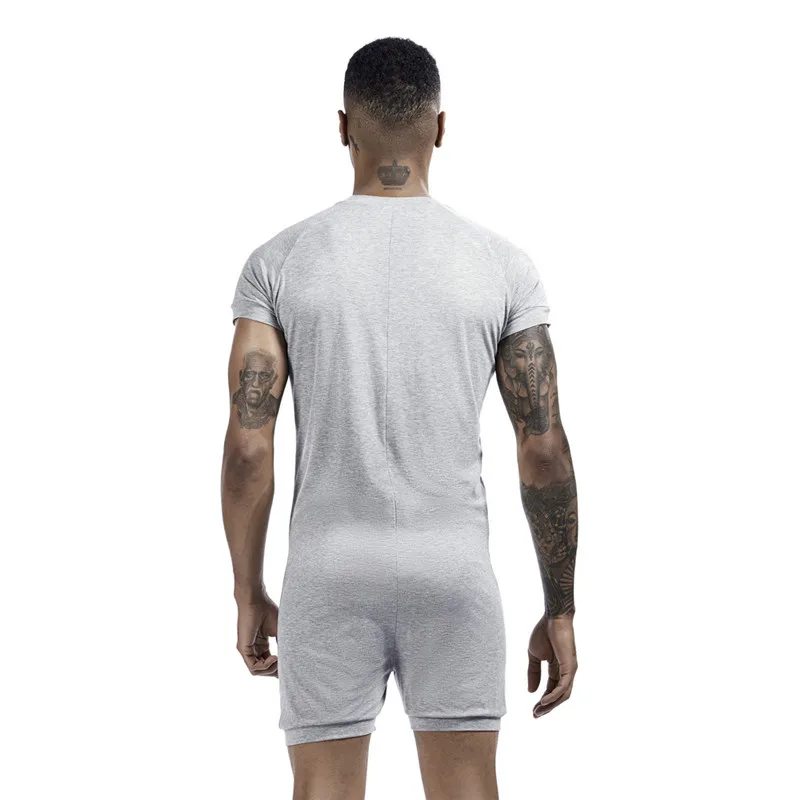 Pijamas siameses masculinos onesies roupas de casa super-elástico confortável botão snap macacão masculino sleepwear t-shirts de cor sólida