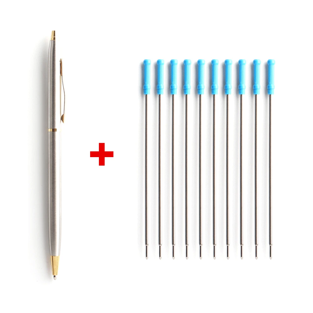 1+10 Pcs/Set Metal Ballpoint Pen With Refills For School Office Stainless Steel Material Ball Pen Black Blue Refill Ink