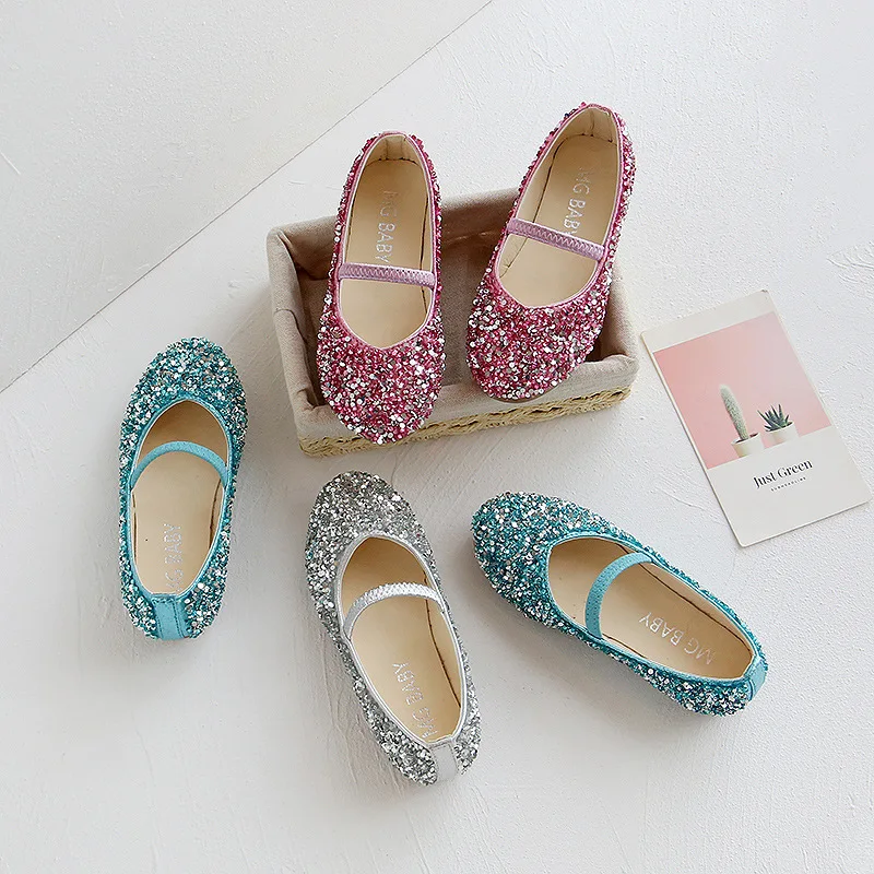 2021 Spring New Girls' Leather Shoes Princess Non-Slip Soft Bottom Wear-Resistant Baby Party Sequined Children's Shoes