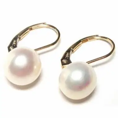 

free shipping noble jewelry 8-9mm AAA White Pearl Lever Back Earrings in 14K Yellow Gold