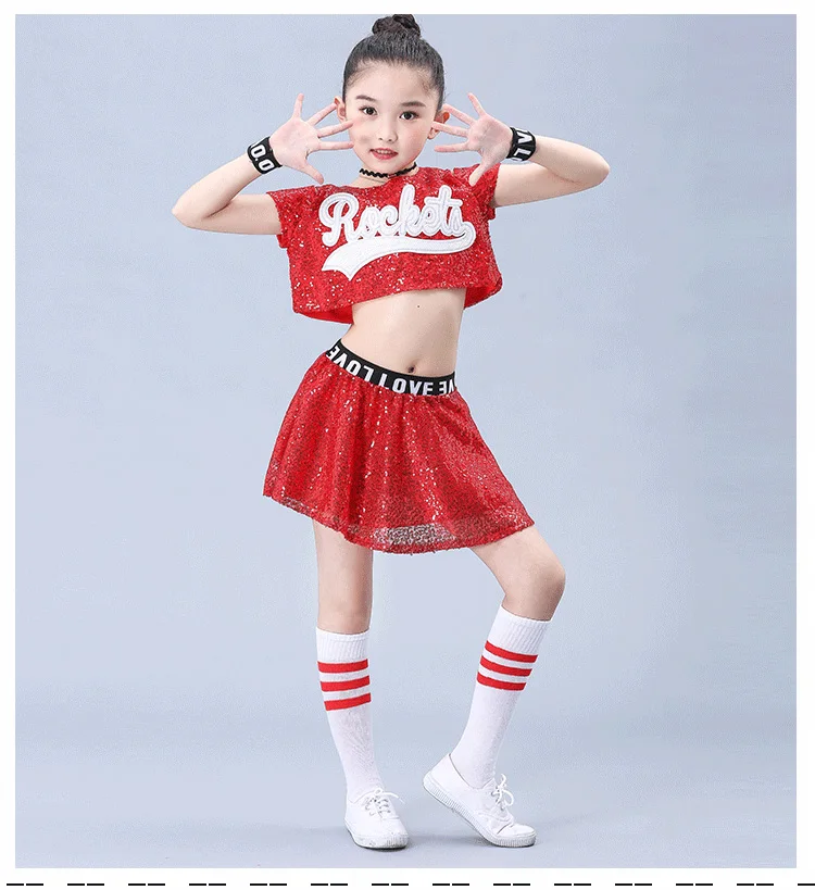 Kids Jazz Dance Costume Hiphop Dresses for Girls Stage Performance Cheerleader Costumes Holographic Sequin Top+Skirt Set