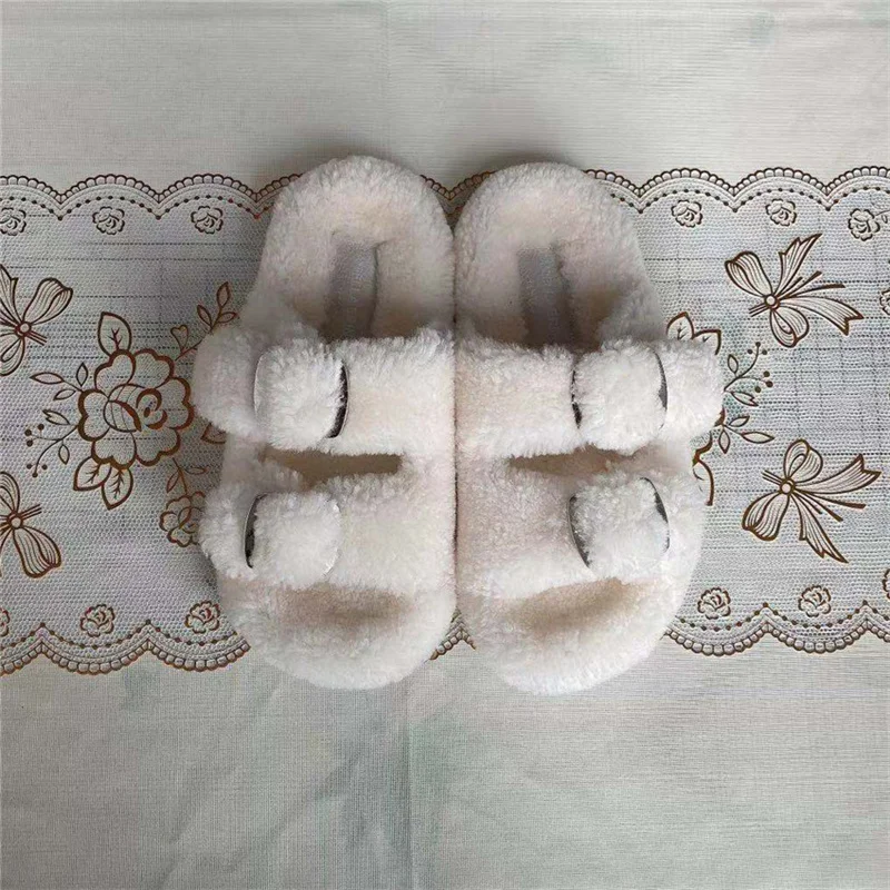 European Station Wool Slippers Ladies 100% Fur Slippers High Quality Wool Slippers Fluffy Flat Heel Slippers