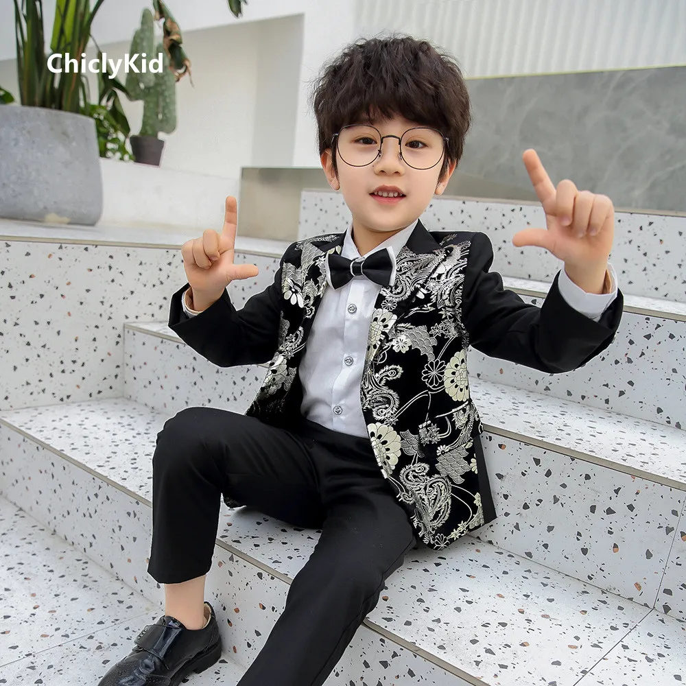 

Boys Print Suit Jacket Kids Blazers Formal Tuxedo Dress Clothes Sets Child Wedding Performance Costumes Host Studio Stage Outfit