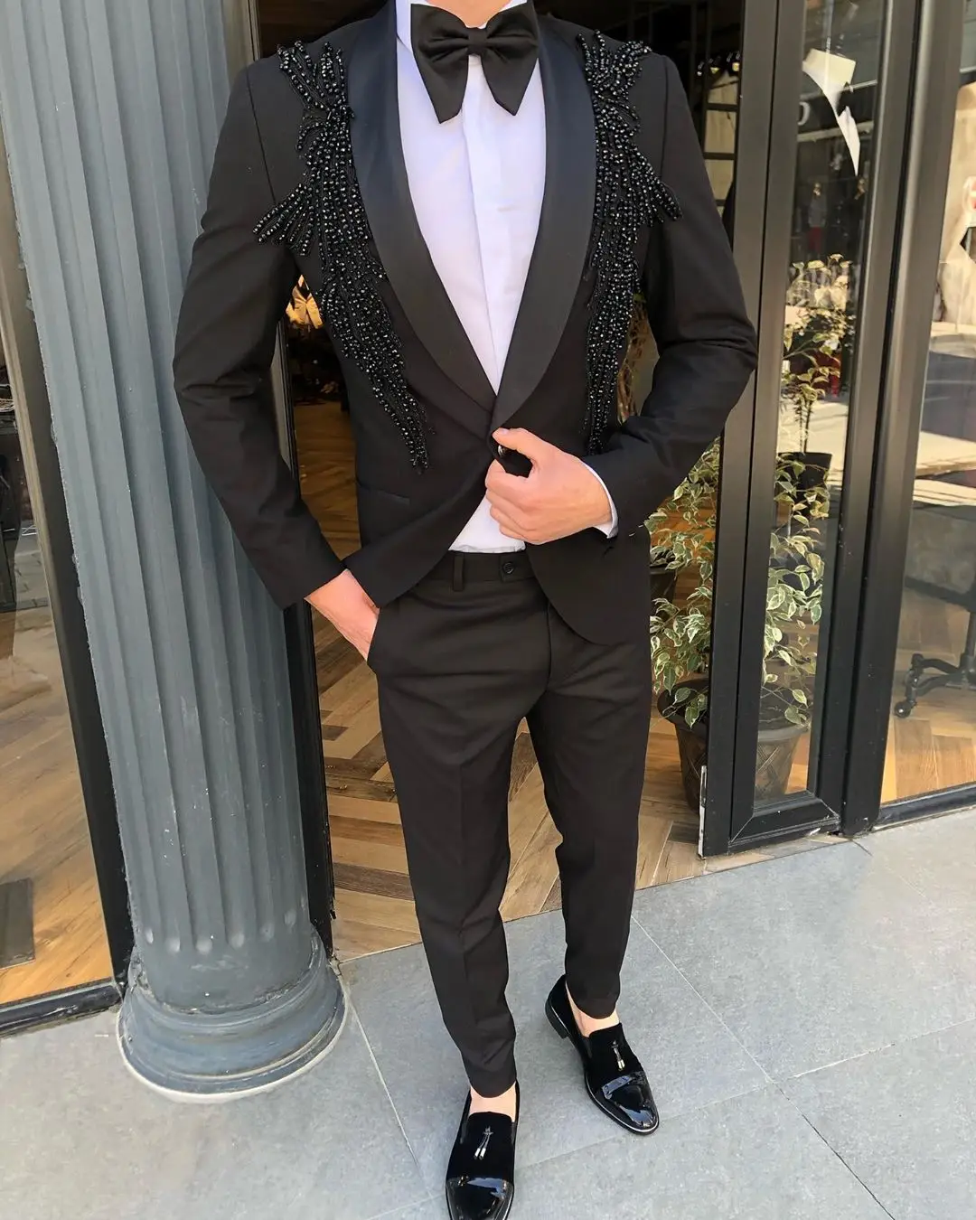 Sommer Handsome Mens Anzüge Luxus Perlen Party 2 Stück Bräutigam Hochzeit Smoking Beste Mann Prom Blazer Anzug (Jacke + hosen)