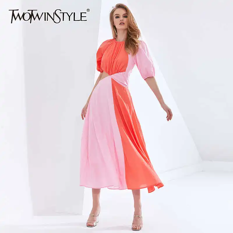 TWOTWINSTYLE Patchwork Hit Color Asymmetrical Summer Dress For Female Puff Sleeve High Waist Hollow Out Dresses Women 2021 New