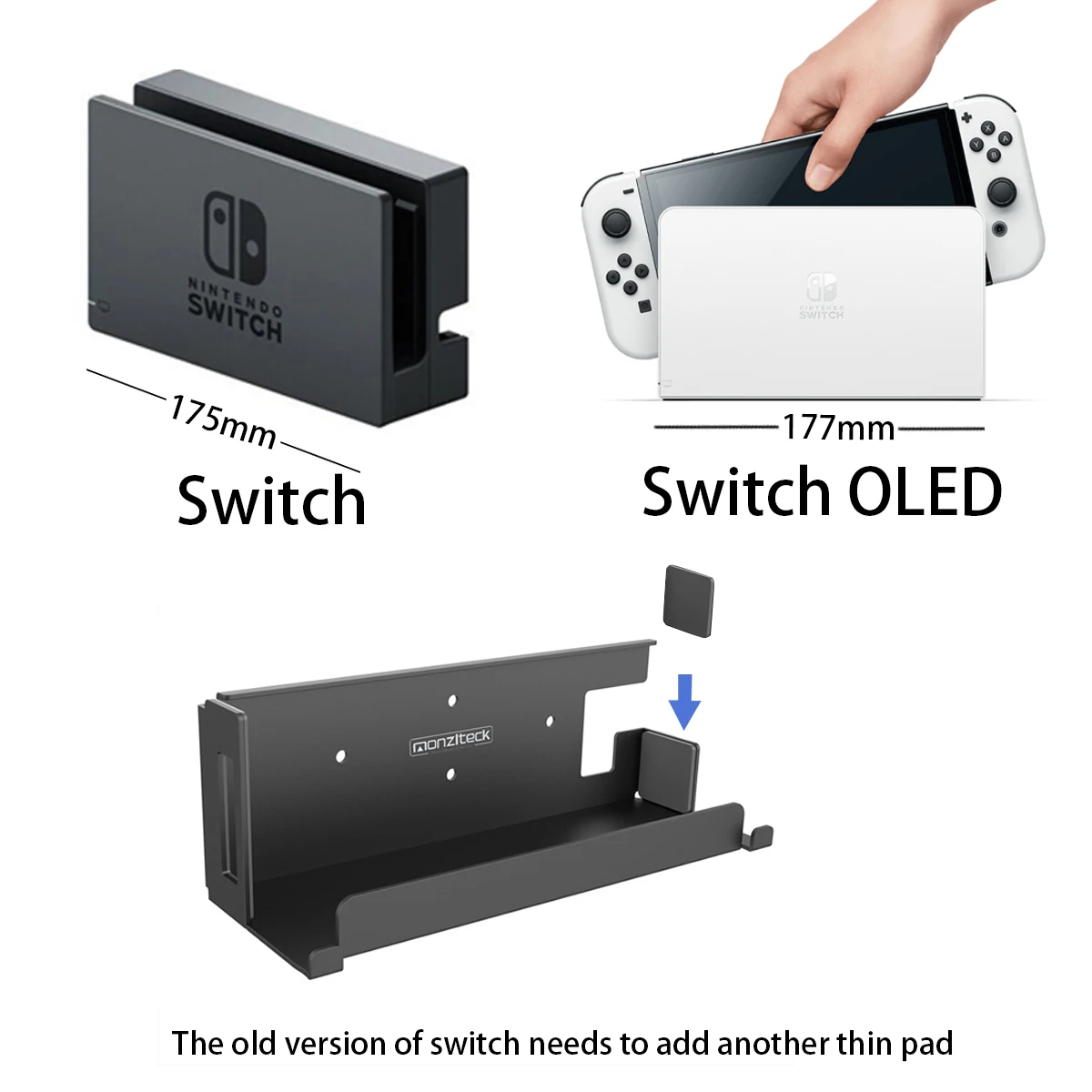 Настенное крепление Monzlteck для Nintendo Switch Original и OLED, возле или позади телевизора, игровые аксессуары, держатель док-станции, металл