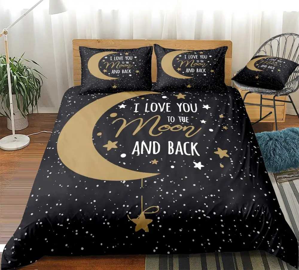 Black Gold Duvet Cover Set Cresent Moon Bedding Set Dark Galaxy Bed Linen Kids Boys Girls Home Textiles Stars Pattern Bedclothes