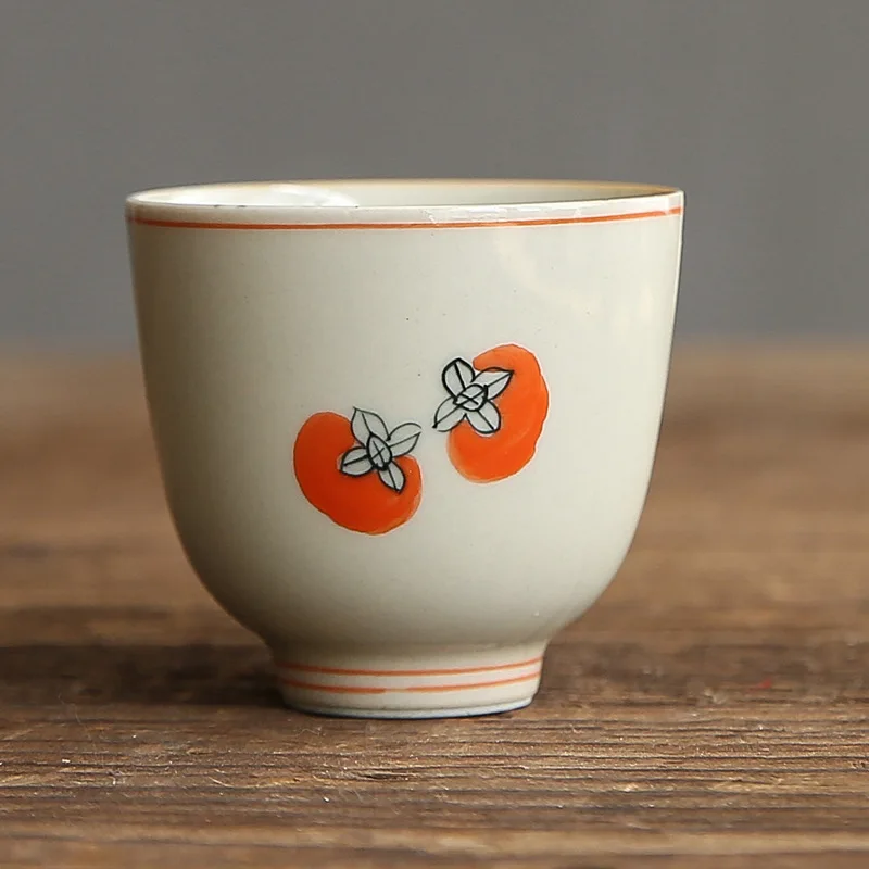 Hand Painted Persimmon Tea Cup Kung Fu Tea Set Ceramic Fragrance-Smelling Cup Antique Grass and Wood Gray Single Cup