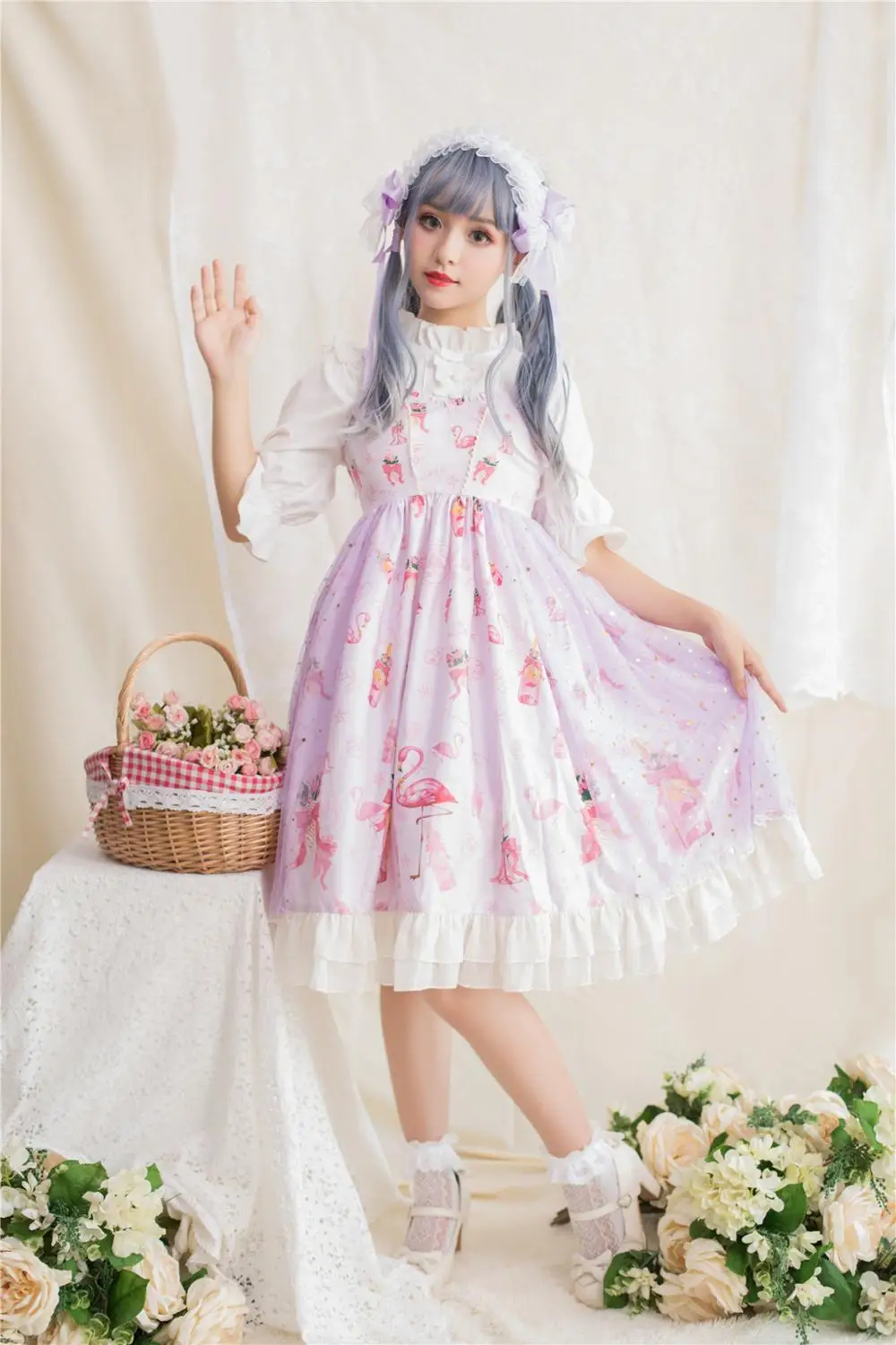 Sweet princess lolita dress vintage lace bowknot high waist cute printing victorian dress kawaii girl gothic lolita jsk loli cos