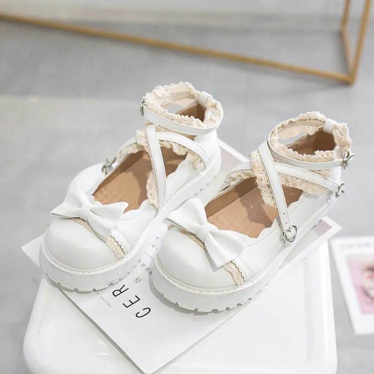 일본 메리 제인 소녀 데일리 빈티지 스위트 로리타 라운드 헤드 버클 여성 신발 레이스 업 Bowknot Kawaii 신발 Loli Cosplay