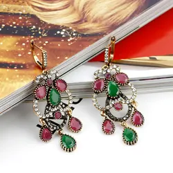 Sunspicems Antique Gold Silver Color Turkish Earrings For Women Indian Bride Wedding Jewelry Resin Crystal Arabic Drop Earring