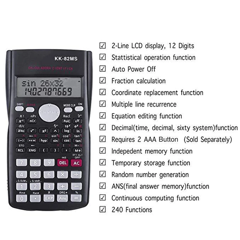 Calculadora Científica com 240 Funções e Tela de 2 Linhas, Multiuso, Portátil, Estudante, Ensino de Matemática