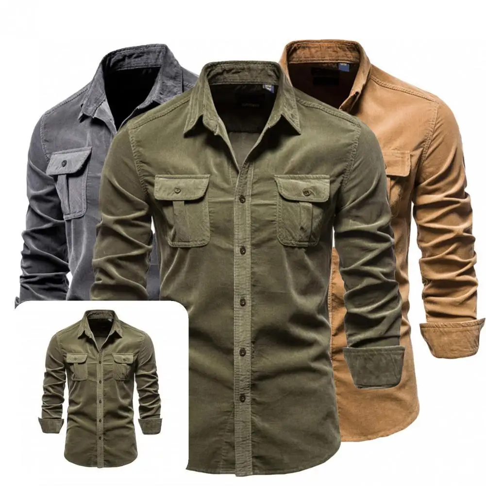 Men Shirt Warm Winter Shirt Great Stitching Two Pockets  Great Lapel Men Winter Shirt