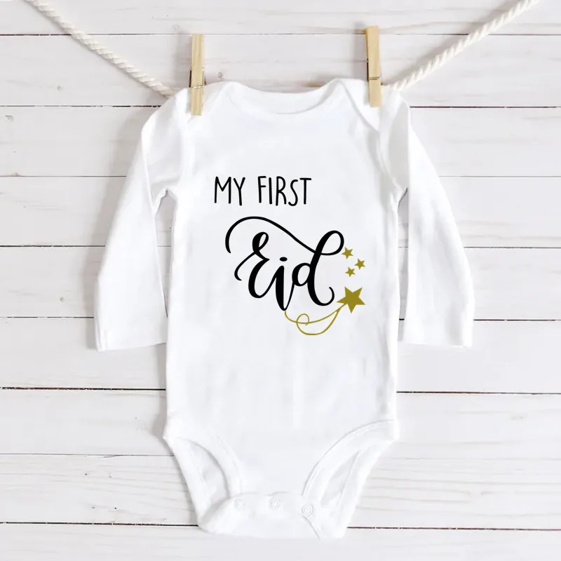 

Cute Baby Long Sleeve Jumpsuit Casual Letter Print My First Eid Girl Boy Rompers Newborn Baby Clothes Hot Sale Baby Gifts